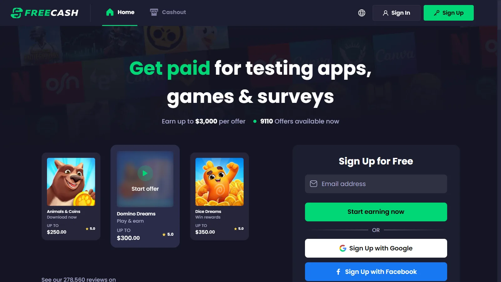 Freecash offerwall — example of platform tracked by Bonus Bandit
